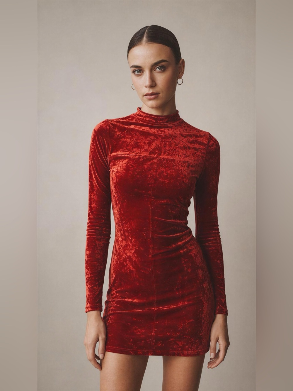 Urban Outfitters Red Velvet Long-Sleeve Mini Dress